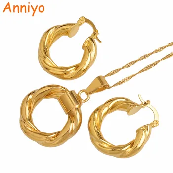 

Anniyo SMALL Twisted Circles Pendant Necklaces Earring African Gold Color Ethiopia Round Jewelry set for Women /Girls #009416