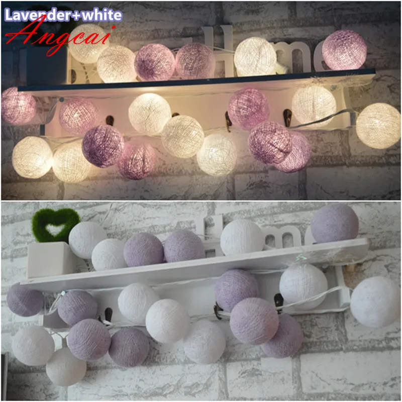 

Thailand style new lavender and white mixed handmade cotton Ball String Lights Fairy wedding XMAS Patio Deco