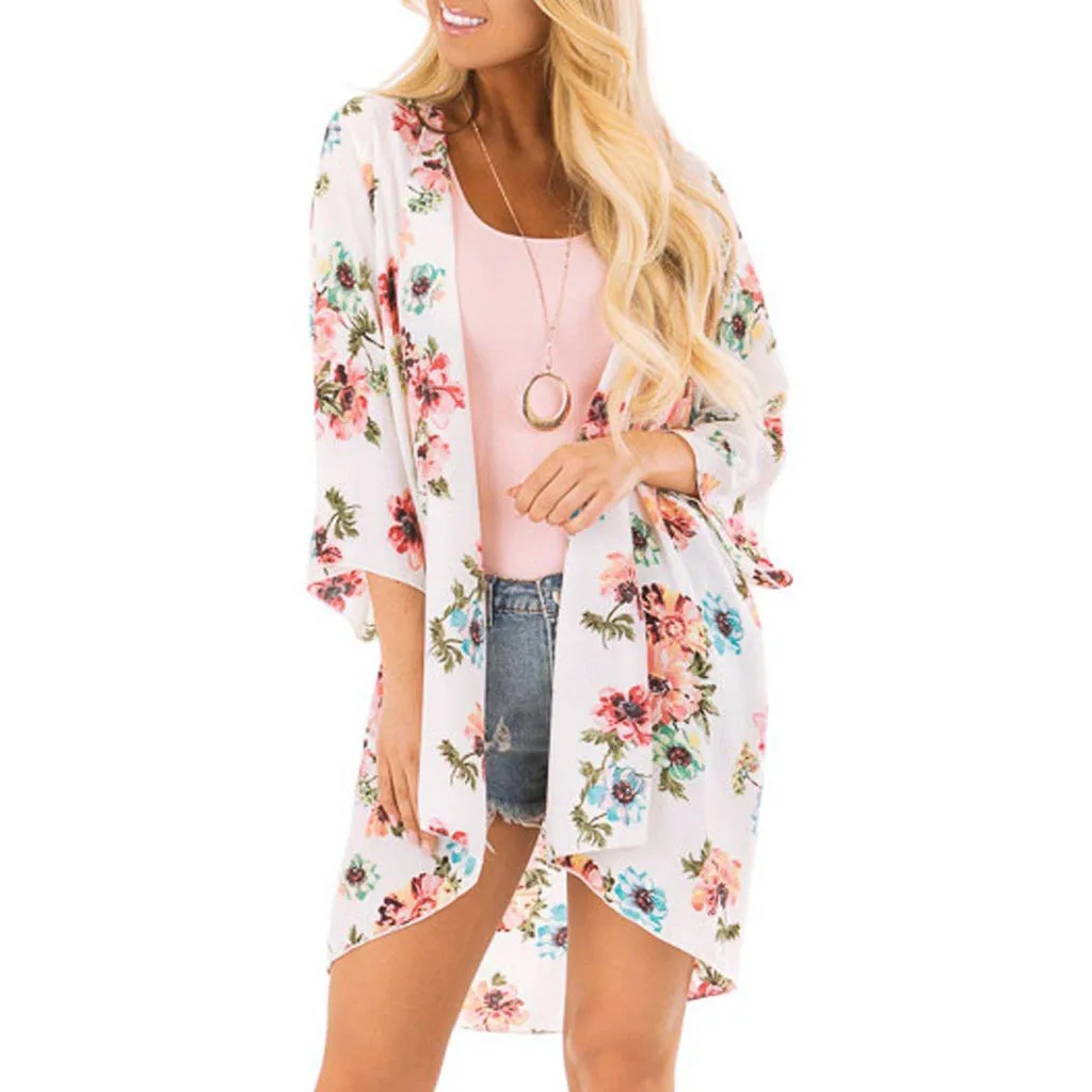 

Womens Floral Print White Chiffon Beach Kimono Cardigan Blouse Shawl Loose Top Outwear Summer Ladies Mujer Blusas Camisa Shirts