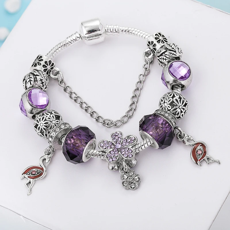 BAOPON Original Purple Flower& Crane Pendant Charm Bracelets for Women High Quality Fine Bracelets Best Couple Jewelry Gift