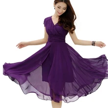 2017 Summer Hot Fashion Solid Elegant Sexy V Neck Chiffon Short Sleeve Women Office OL Dress Swing Beach Dresses Plus Size