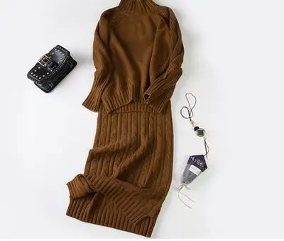LHZSYY Осень Зима кашемировый свитер сплошной цвет двухкомпонентная посылка модная длинная юбка женские свитера шерстяной комплект высокого качества - Цвет: Коричневый
