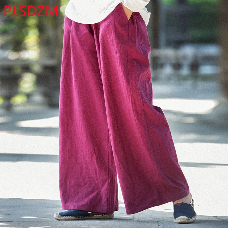 

Women Vintage Water Wash Casual Wide Leg Pants Chinese National Style Sraight Pants Solid Color Loose Long Trousers