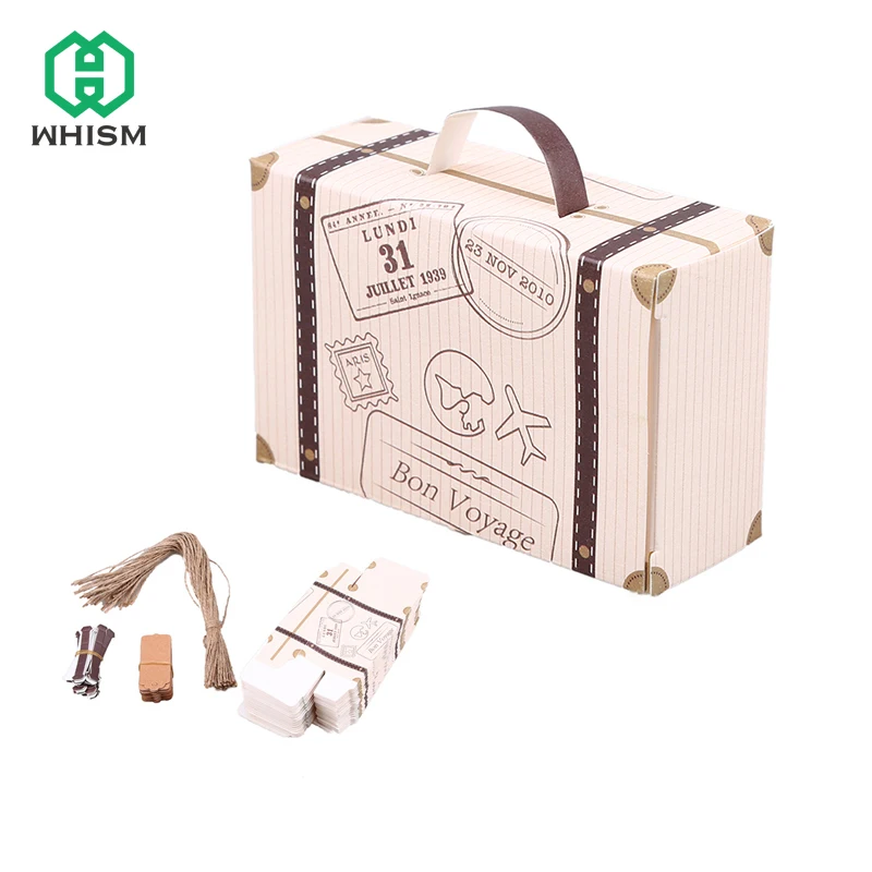 

WHISM 50PCS/Lot Kraft Paper Candy Boxes Travel Case Style Baby Shower Decorations Wedding Favors Gifts Box Guests Party Supplies