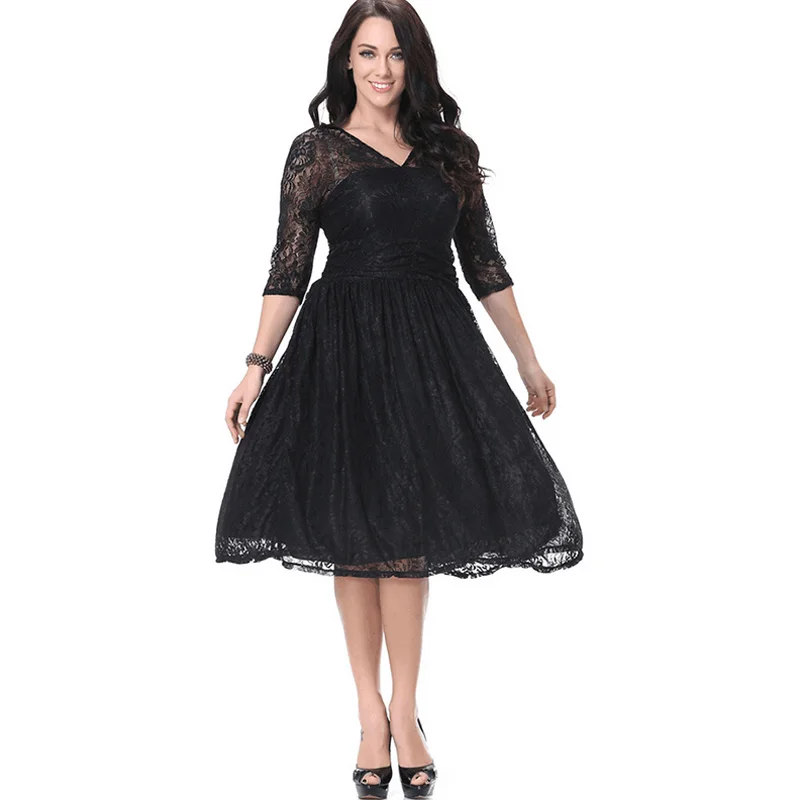 Plus Size Lace Women Dresses Vestidos Solid Patchwork Sexy Dress XL 7XL