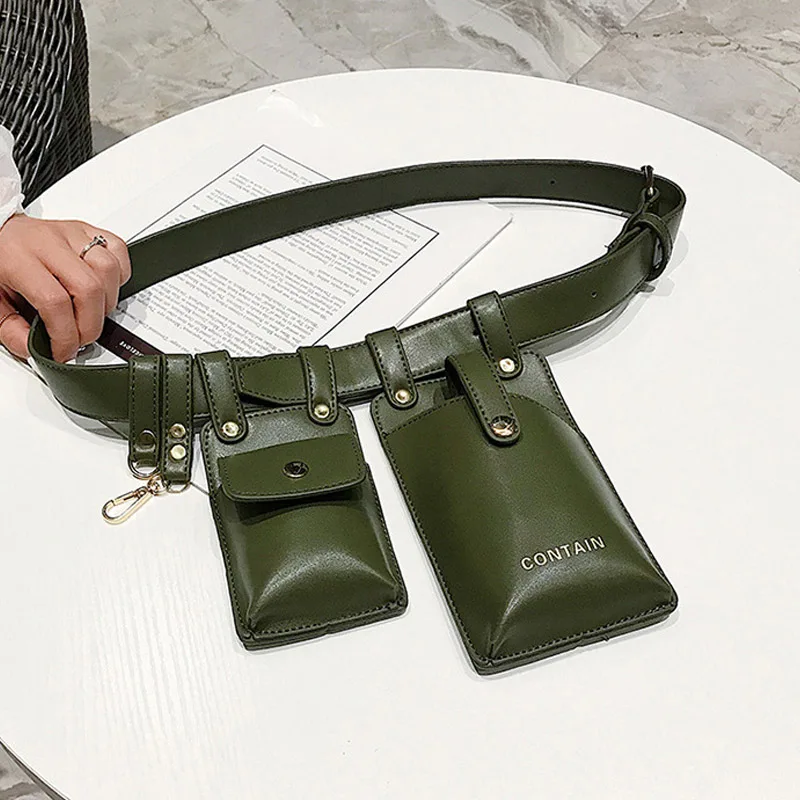 Женская Панк поясная сумка Съемная PU 2 комплекта поясная сумка через плечо карманы Удобная поясная сумка женский брелок кошелек Дамский чехол для телефона - Цвет: Green Belt Bag