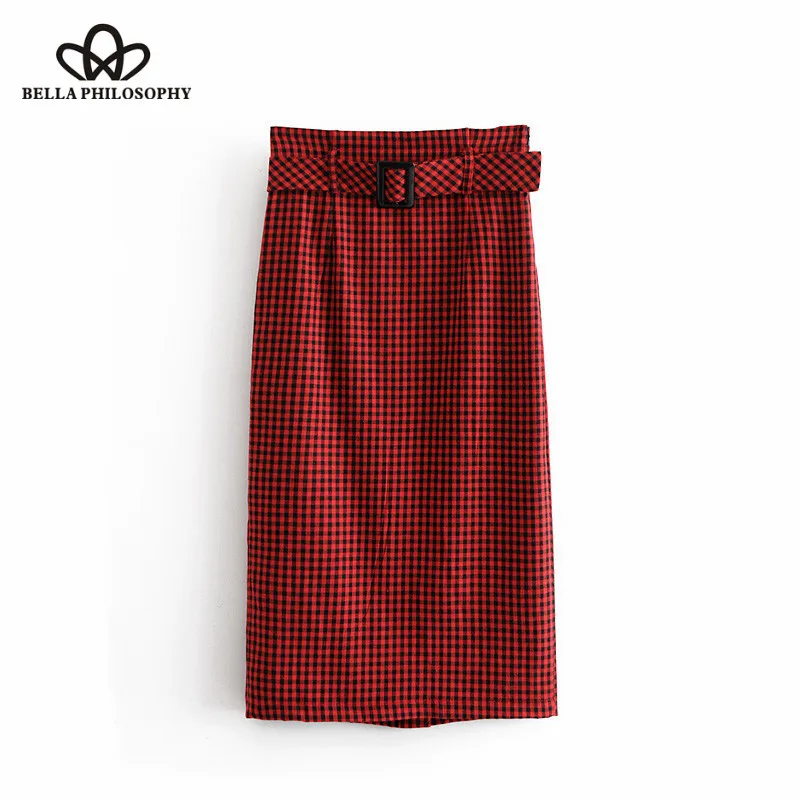 Wonder new Vintage Belted OL Plaid Midi Skirt Women 2018 Fashion Side Zipper Back Buttons Streetwear Ladies Casual Skirts