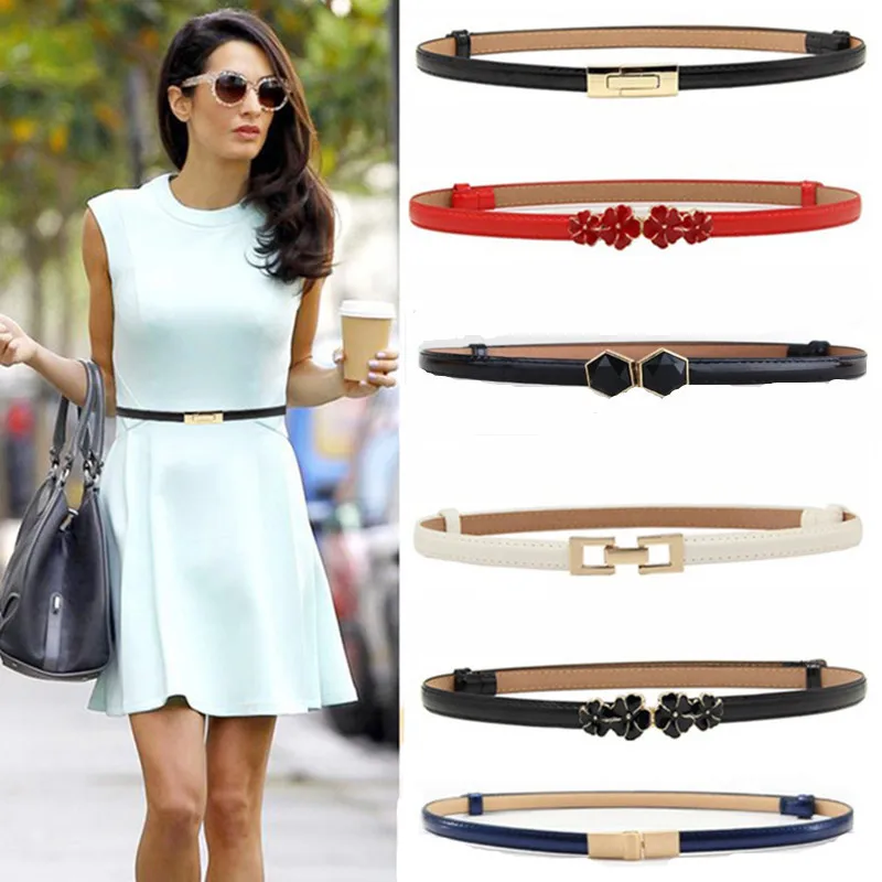 

New design belts thin adjust belt PU leather black dress cummerbunds students women waistbands red flower buckle square gifts