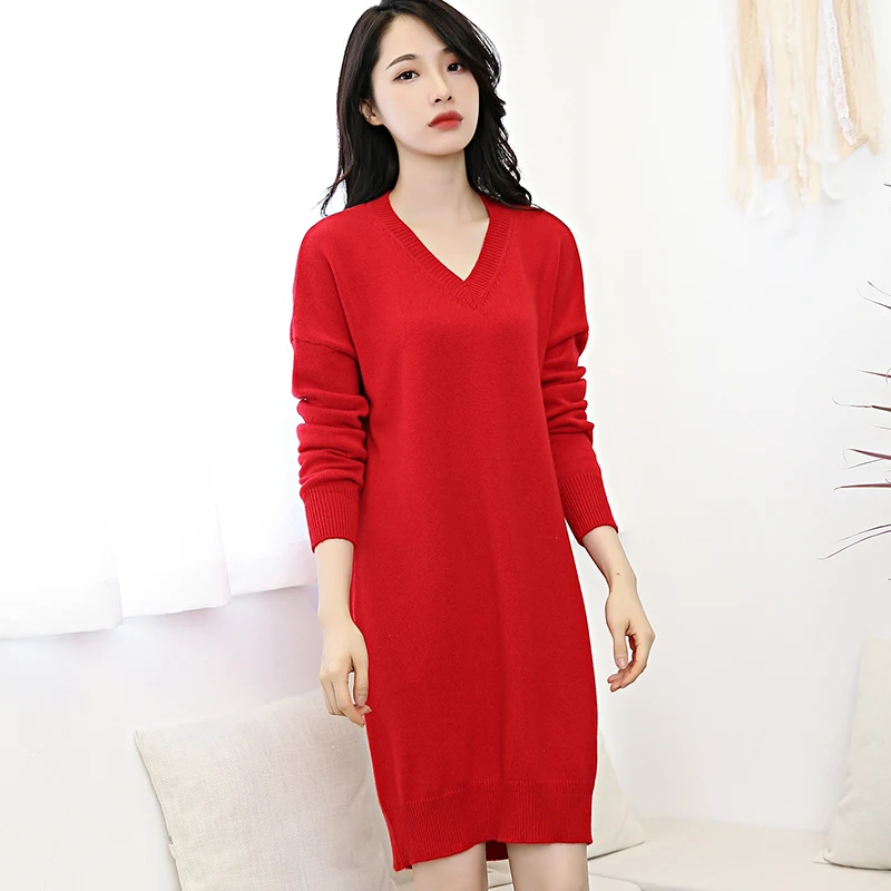 

Autumn Winter Korean Cashmere Pullover V Loose Retro Large Size Sweater Large Size Women's Fashion Trend Soft Dress Vestidos