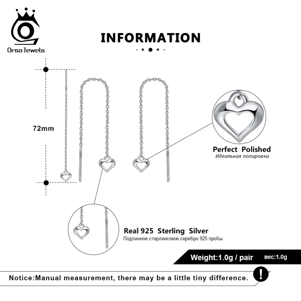 ORSA JEWELS, натуральная 925 пробы, серебряные женские серьги, цепочка, романтическая форма сердца, корейские вечерние ювелирные изделия для девушек SE130