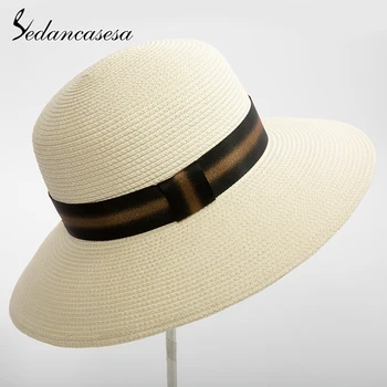 

Sedancasesa New Women's Wide Brim Straw Hats for Women Handmade Ribbon Beach Female Summer Sun Caps Straw Cap Sun Hat for Girl