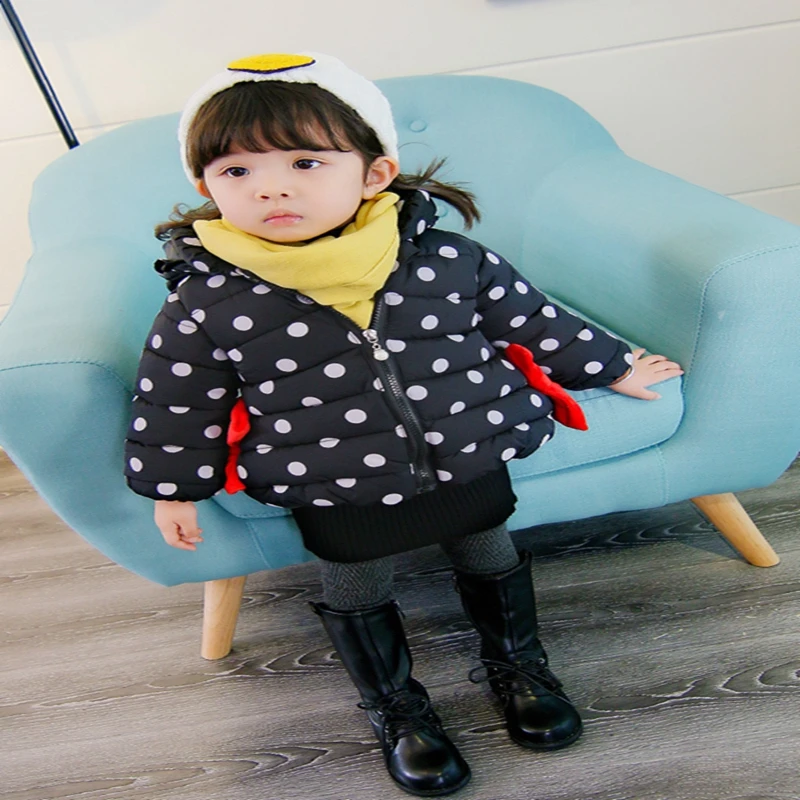 Baby girl Coat In Winter Zipper hooded Polka dot long tail hat Bow-tie pockets  cotton-padded jacket for Kids Children warmed up (17)