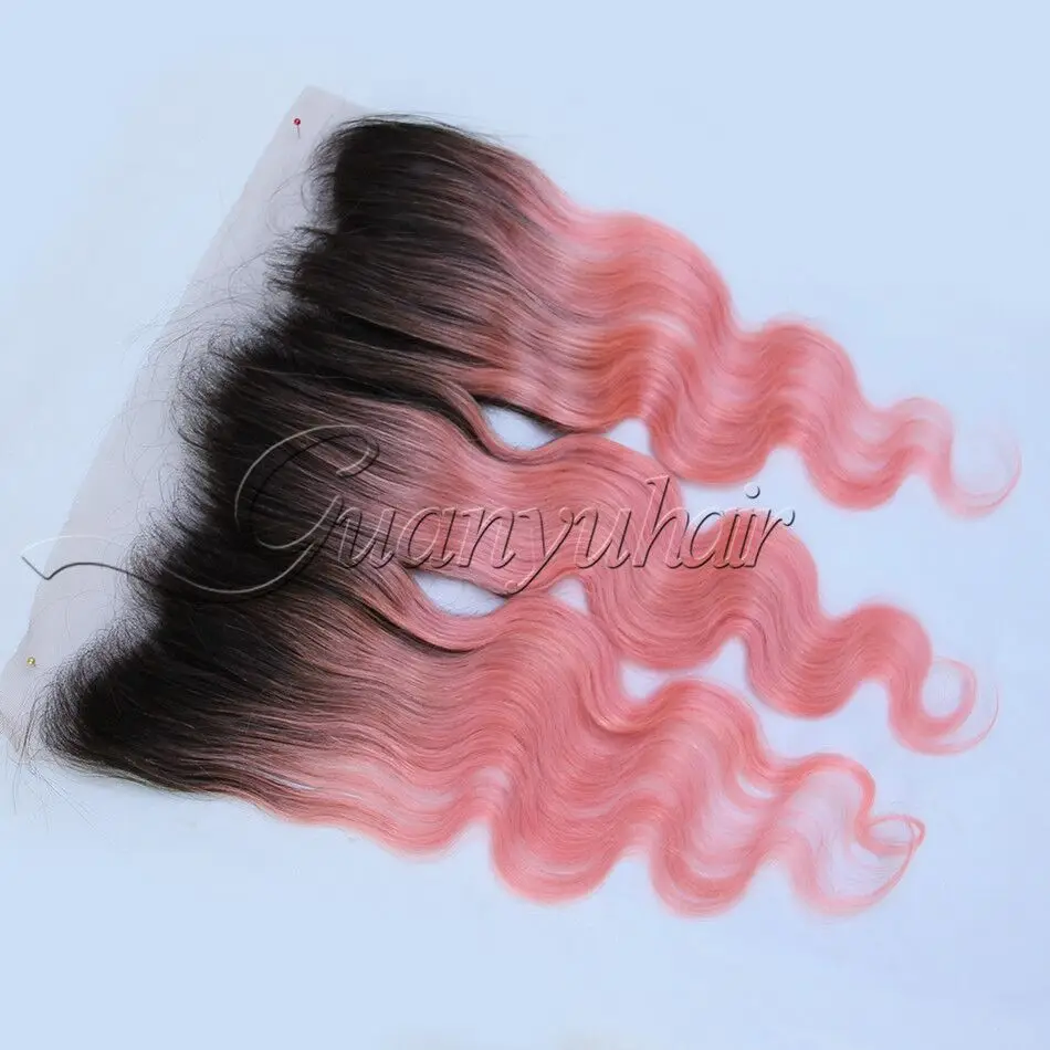 Guanyuhair# 1B/розовый Омбре 3 пучка с 13x4 Кружева Фронтальная Закрытие уха к уху перуанская волна тела Remy человеческие волосы переплетения