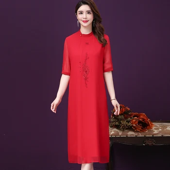 

2020 Spring Summer Fashion Short Sleeve Stand Collar Silk Women Dress New Style Mother Simple Elegant Temperament Female Dresses