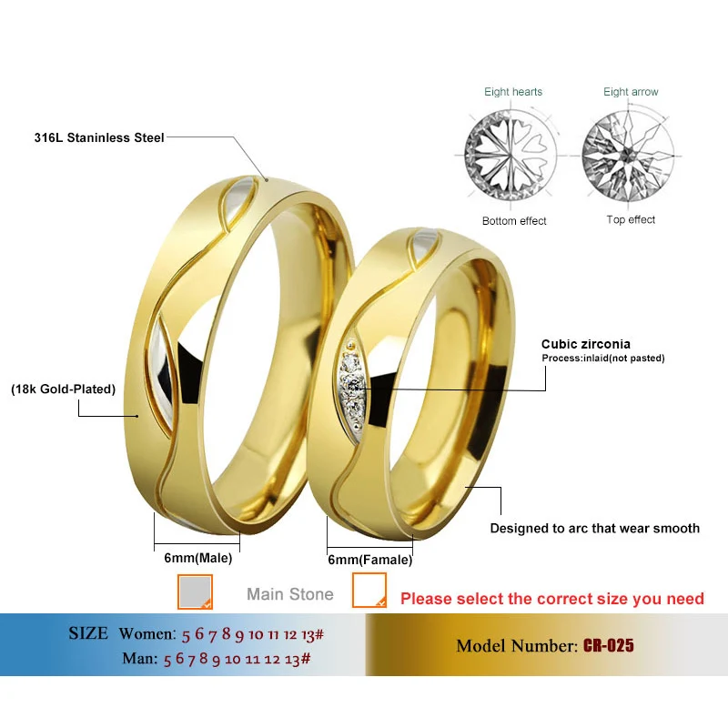 DOYUBO New Arrival Gold Color Lovers' Rings For Wedding European Design 316L Stainless Steel Trendy Couples Rings Jewelry DF007