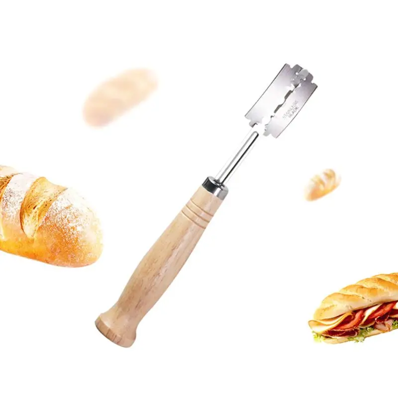 

Specialty Bread Arc Curved Knife Wood Handle 5Pcs Replacement Blades Western Baguette Cutting French Toast Bagel Cutter