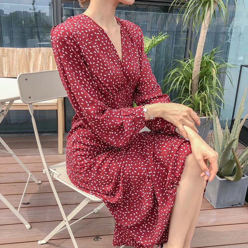 retro dress hot women slim waist A Line Elegant Temperament Lady Korean style vintage dot v neck vintage shirt dress high waist