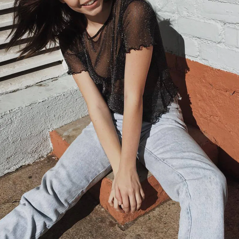 2018 Glitter Sheer Mesh Summer Tops Women Casual Perspective Hollow Out Blouse Female Sexy Shine Basic Short Fishnet Shirts Hot Blouses