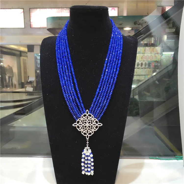 Ручной завязанный натуральный 2x4 мм синий камень многослойный белый пресноводный жемчуг Циркон микро инкрустация аксессуары-кисточки ожерелье