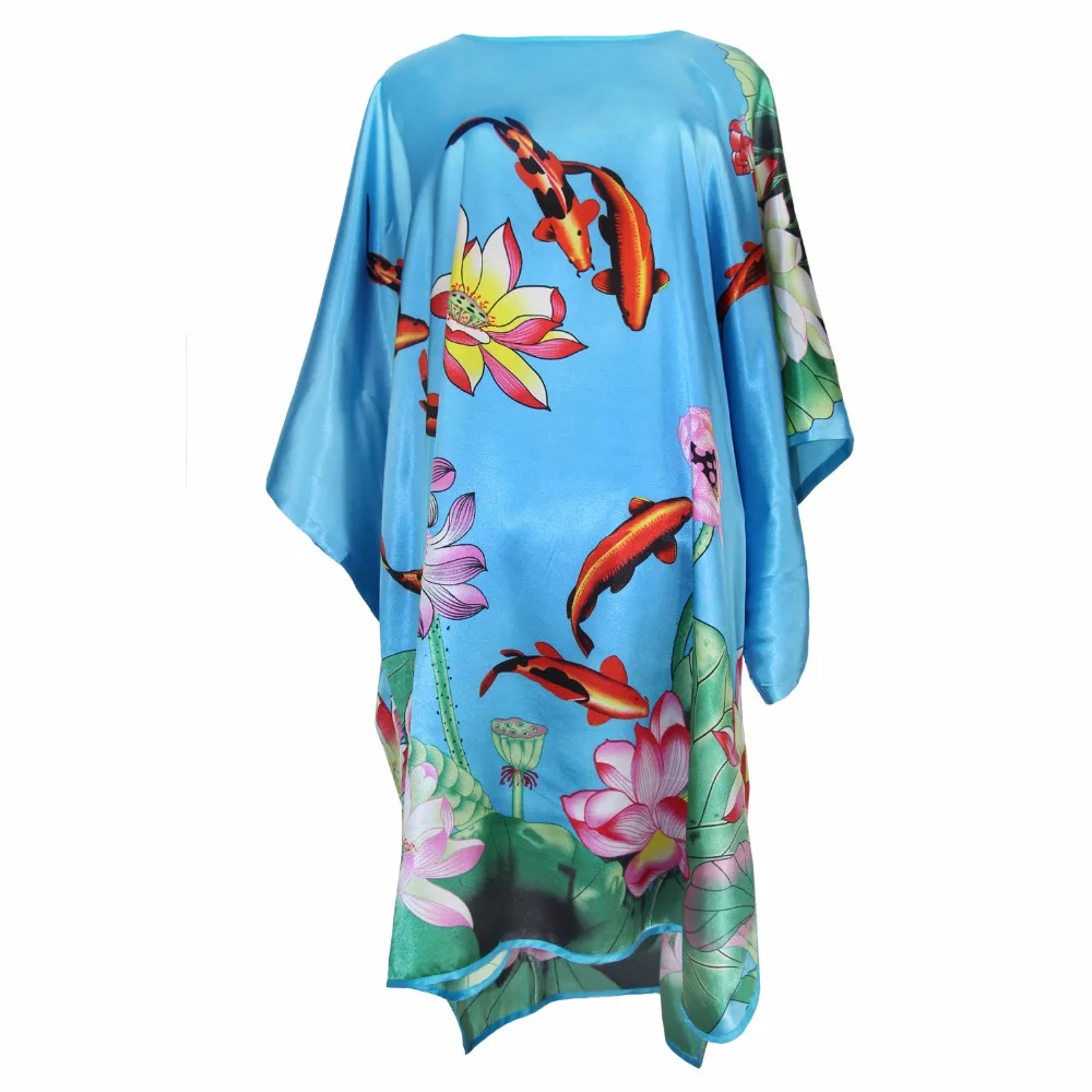 

New Blue Rayon Robe Chinese Floral Nightgown Lady Nightdress Satin Sexy Home Dress Summer Loose Negligee Kaftan Plus Size