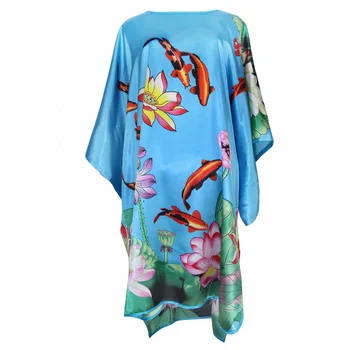 

New Blue Rayon Robe Chinese Floral Nightgown Lady Nightdress Satin Sexy Home Dress Summer Loose Negligee Kaftan Plus Size