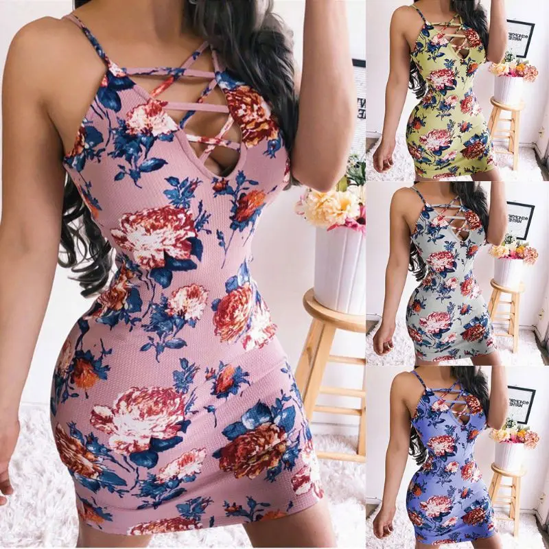 

2019 Women V Neck Floral Strappy Sleeveless Clubwear Bodycon Bandage Mini Dress