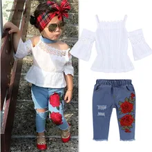 Dtz378 модные летние комплекты одежды для девочек Одежда для маленьких детей Ажурные топы+ рваные джинсы с цветочным принтом комплекты из 2 предметов Одежда для девочек