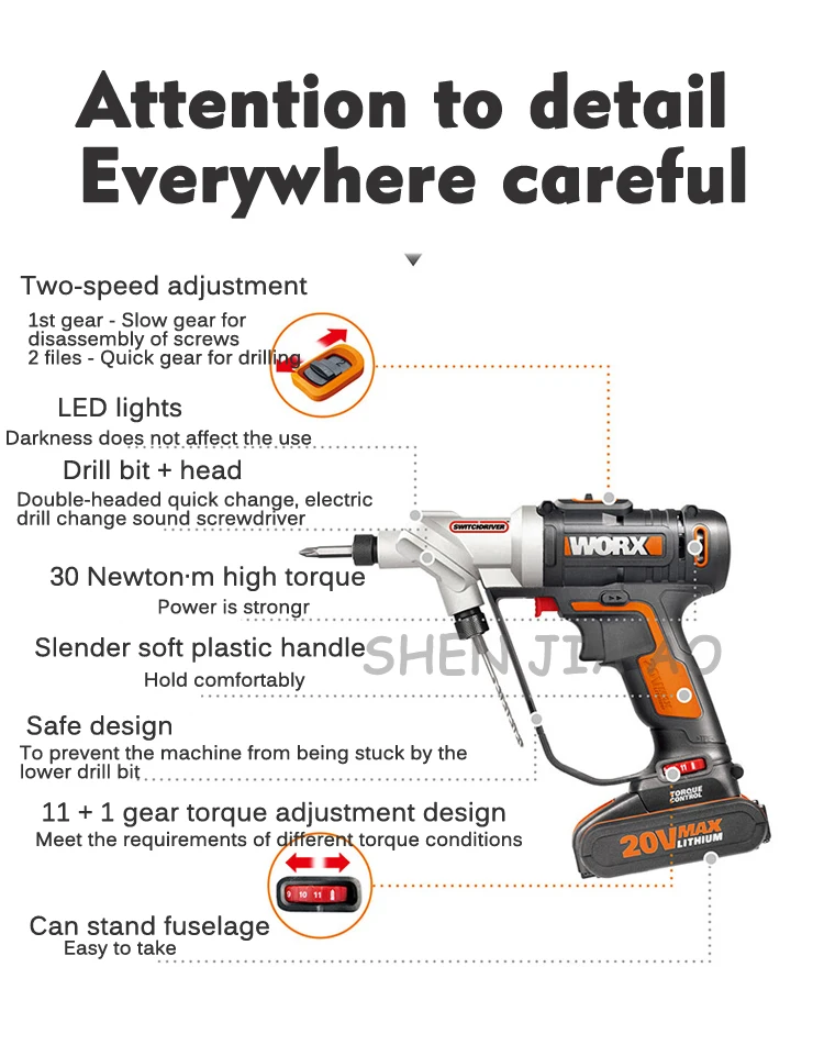Электрическая отвертка с двойной головкой литиевая электрическая дрель WX176 переключатель зарядной отвертки быстро 20 в 1 шт