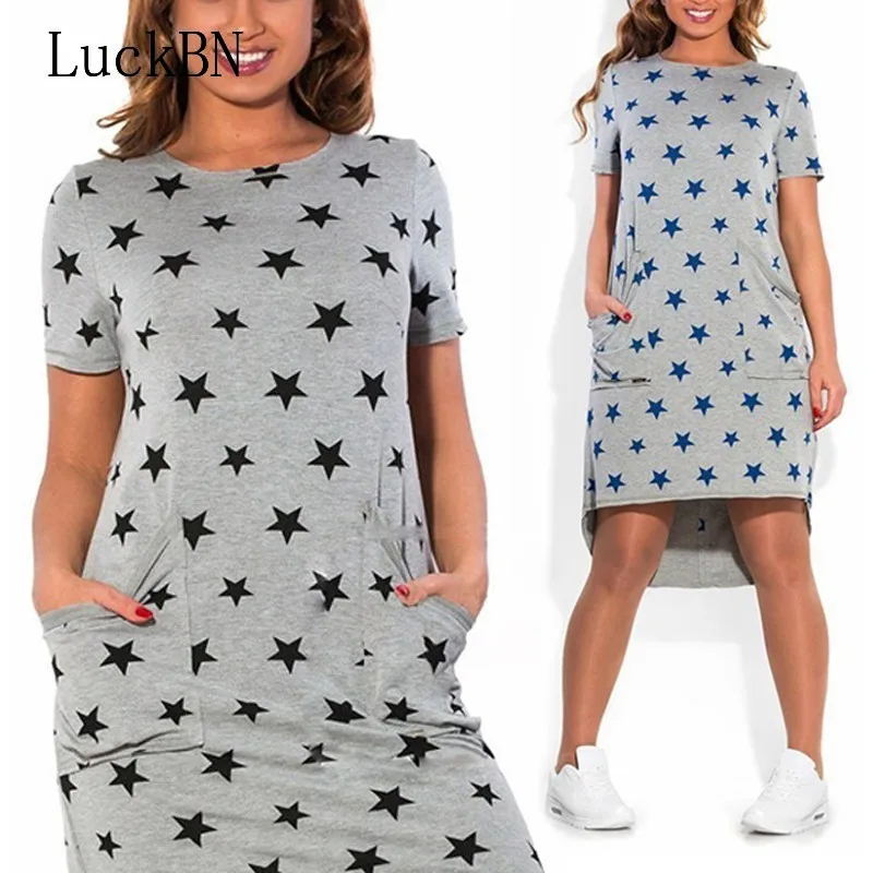 

6XL Oversized Dress Women Irregular Pockets Office Bodycon Midi Dress Fashion Stars Printed Maxi Party Dresses Black Blue