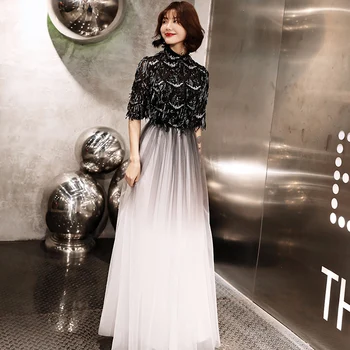 

2019 Black Muslim Evening Dresses A-line Half Sleeve Floor Length Sequined Dubai Saudi Arabic Long Elegant Evening Gown LF255