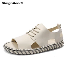 Retro Men Peep toe Sandals Fashion Man Lace Up Hollow Out Casual Summer Beach Shoes Nonslip