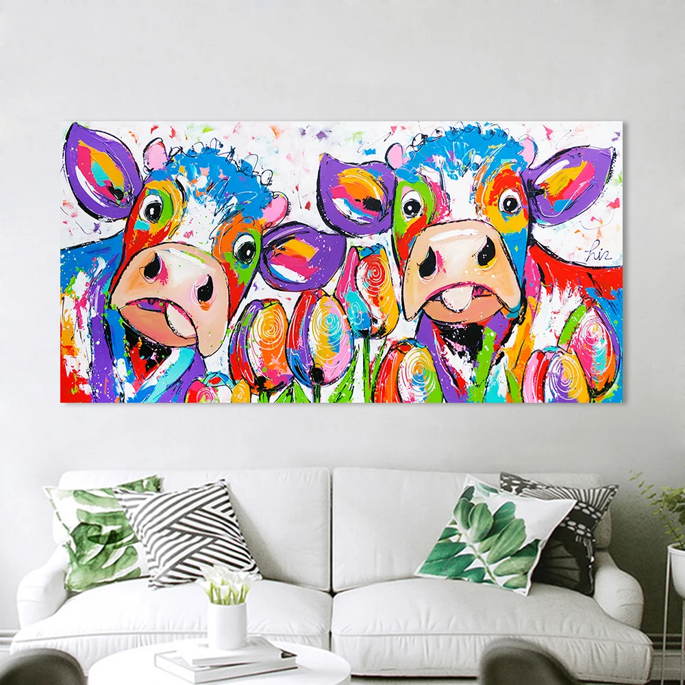 

1 Piece Vrolijk Schilderij Wall Art Picture Tulip Cows Canvas Oil Painting Animal Print Home Decor Posters And Prints Unframed