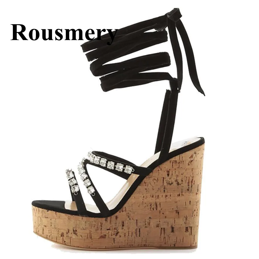 

2018 Newest Wood Grain Wedges Fashion Platform High Heel Open Toe Slingback Lace Up Summer Crystal Women Sandals Normal Size
