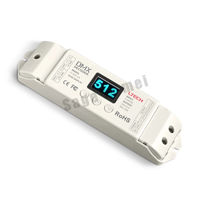 

LTECH LT-820-5A 4channel constant voltage LED DMX-PWM Decoder Dimmer(8/16 bits optional,OLED Display);5A*4channel MAX 20A output