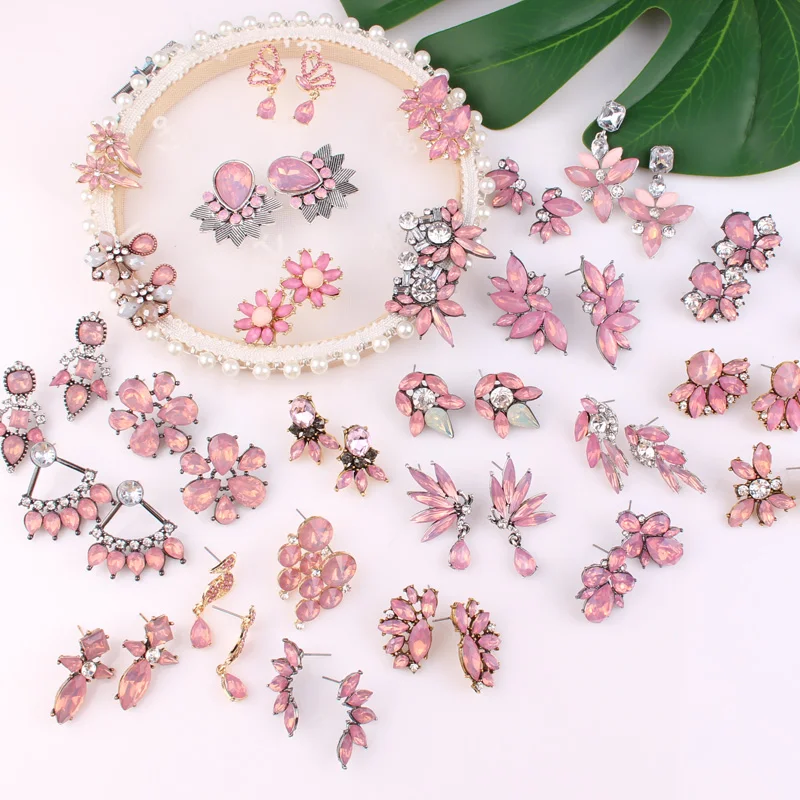 

LUBOV 27 Kinds Lovely Pink Crystal Stone Drop Earrings Opal Rhinestone Imitation Pearl Decoration Silver Metal Piercing Earrings