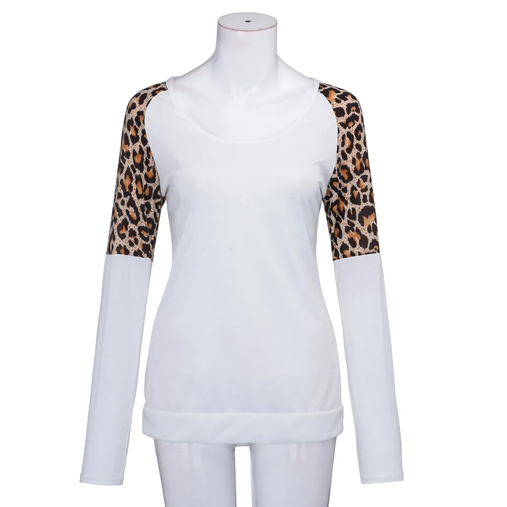 Женские блузки с длинным рукавом, Осенние Лоскутные леопардовые туники с круглым вырезом, рубашки, повседневные женские топы, Blusas Chemise Femme N30