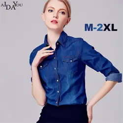 2018 женские Модные Джинсовая блузка Осень-весна регулируемый длинный рукав; пуговицы вниз синие джинсы рубашка повседневные блузки ouc600