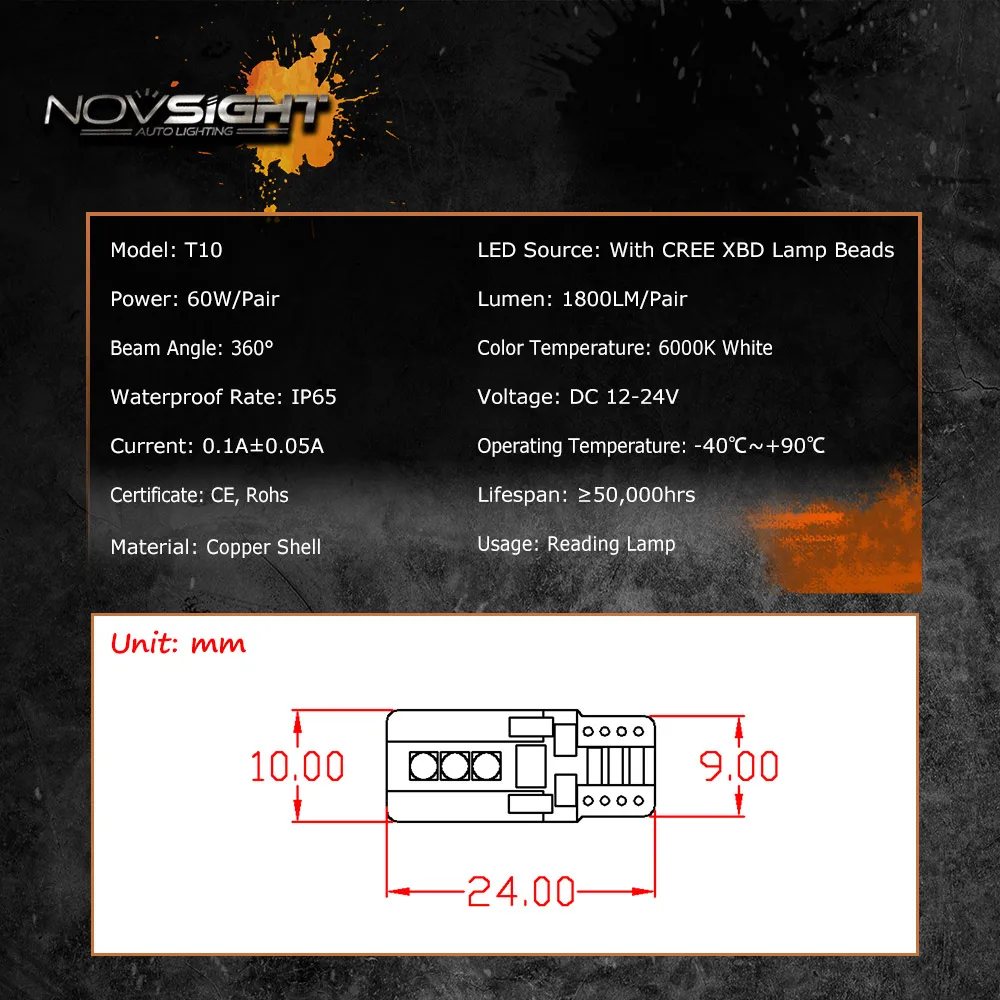 NOVSIGHT T10 1800lm медный теплопроводный Автомобильный светодиодный светильник, противотуманная фара, светильник, лампочки 6000K белый