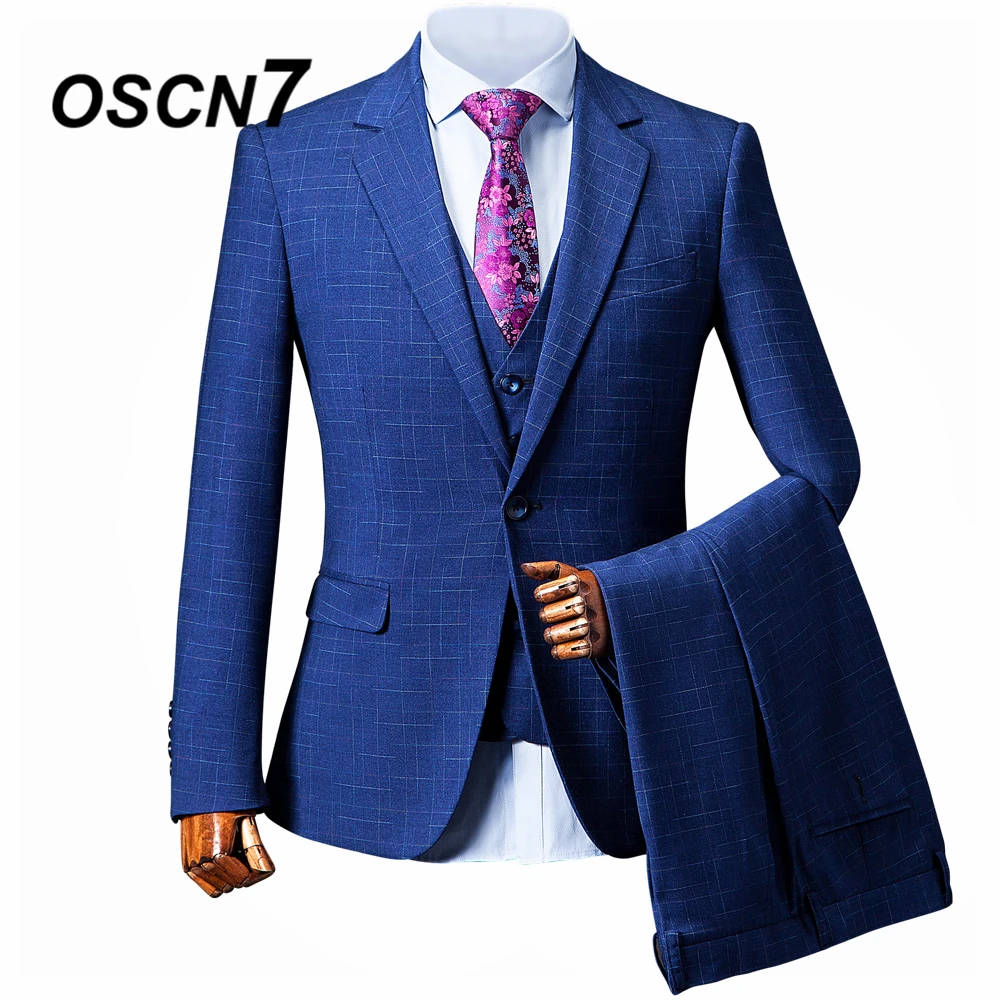 OSCN7 Blue Check Custom Made Suits Men Slim Fit Wedding Party Mens