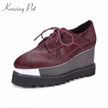 

Krazing Pot 2019 horsehair women square toe natural fur women wedges lace up solid British school superstar increased shoes L58