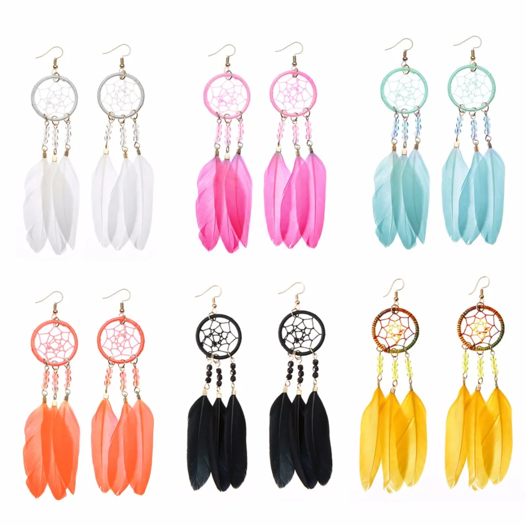 Dream Catcher Hook Earrings Feather Gypsy Chic Colorful Earrings  Long Tassel Drop Dangle Earring Trendy Female Boho Jewelry