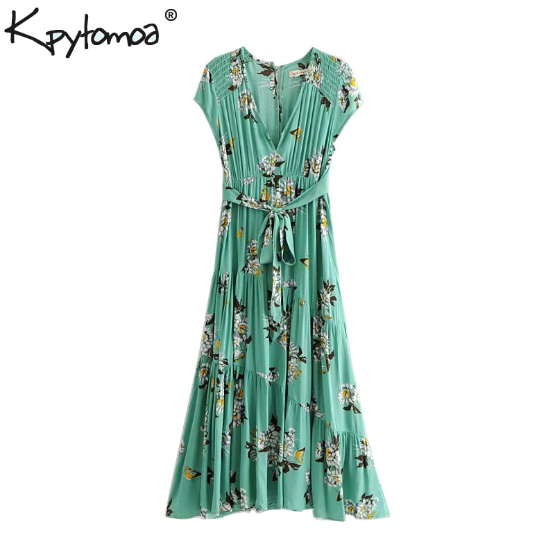

Boho Vintage Floral Print Sashes Pleated Midi Dress Women 2019 Fashion V Neck Short Sleeve Ladies Dresses Casual Femme Vestidos