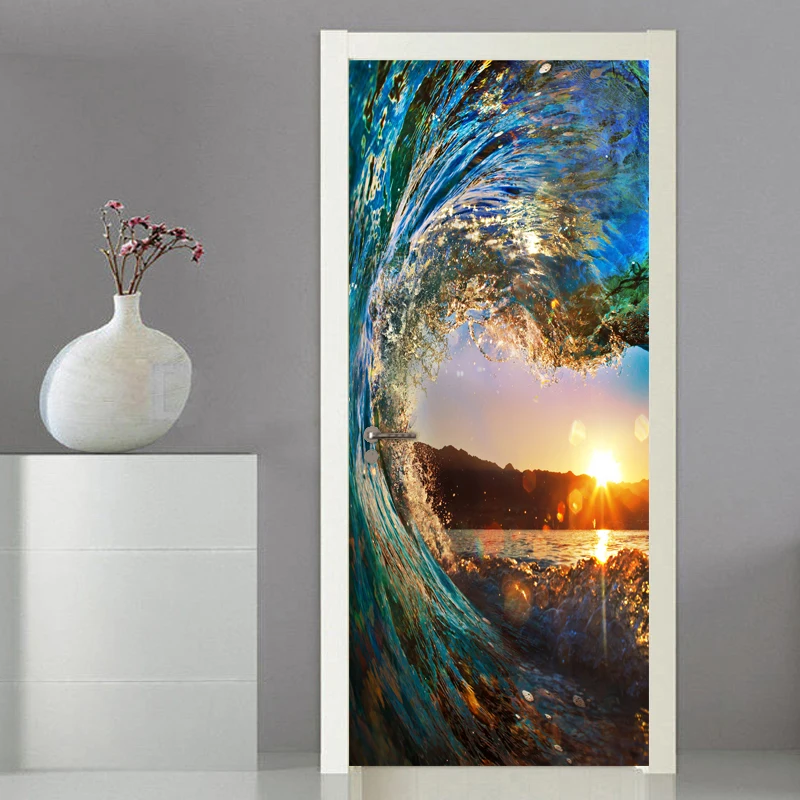 

2 pcs/set 3D Door Sticker DIY Mural Poster Photo Wallpaper Decal Sunrise Seascape PVC Waterproof Wall Door Sticker 3D Home Decor