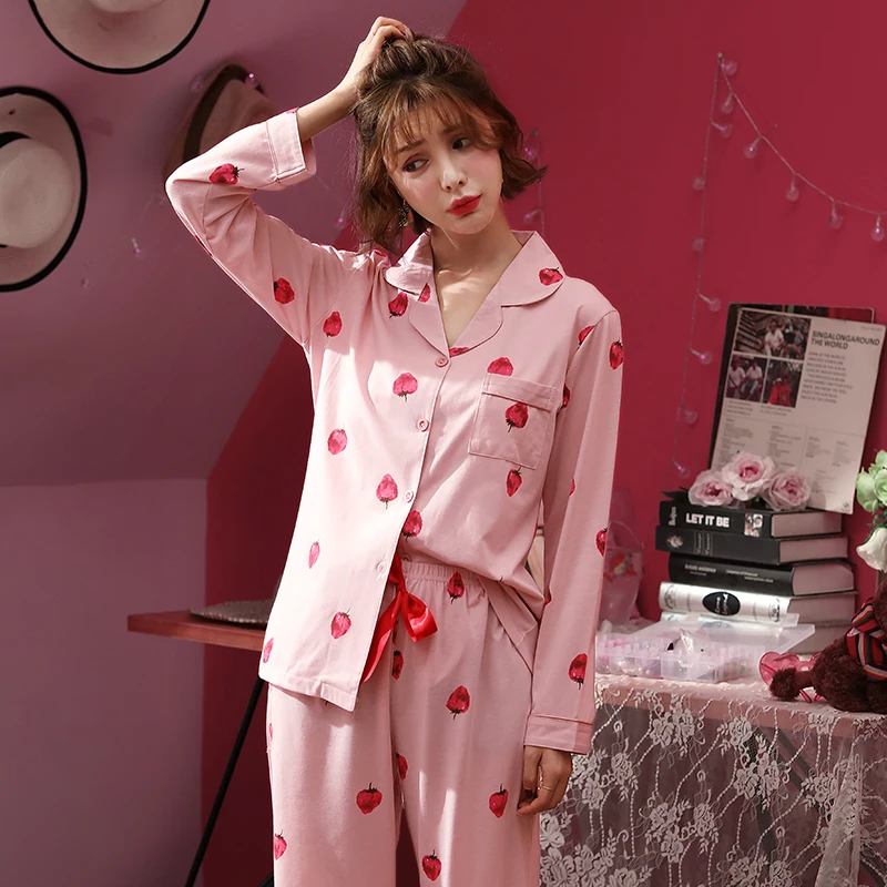 BZEL, осенние женские хлопковые пижамы, комплекты, топы с длинными рукавами+ штаны, одежда для сна с рисунком клубники, женская одежда для сна, пижамы для женщин