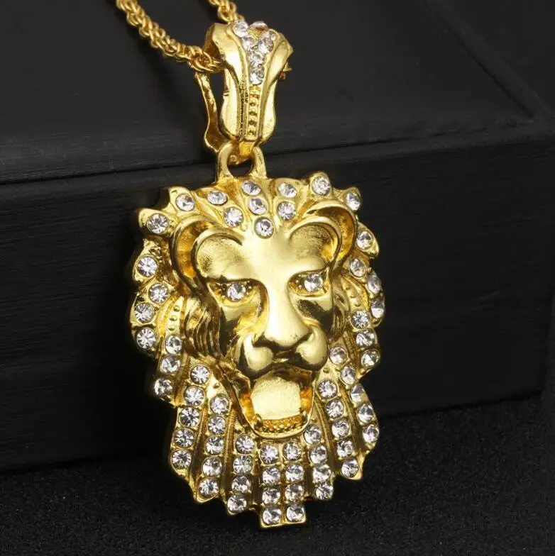 

Mens Full Iced Rhinestone Lion Tag necklaces pendants Hip hop Cuban Chain Hip Hop Bling Chains Vogue Necklace Gold Jewelry For M