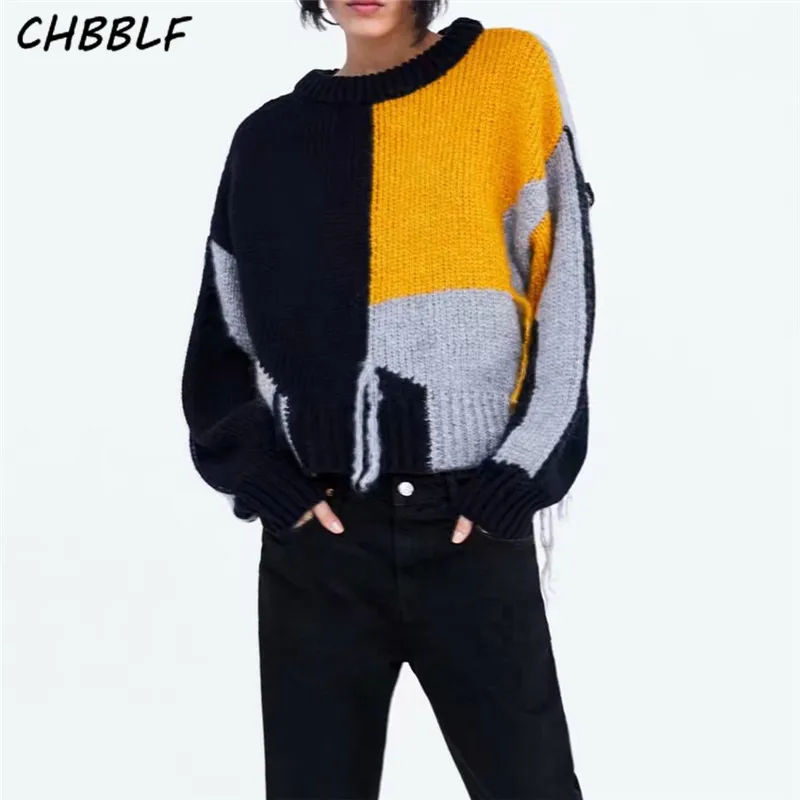 

CHBBLF women chic color block tassels knitted sweaters long sleeve stretchy pullovers female casual loose tops BGB8644