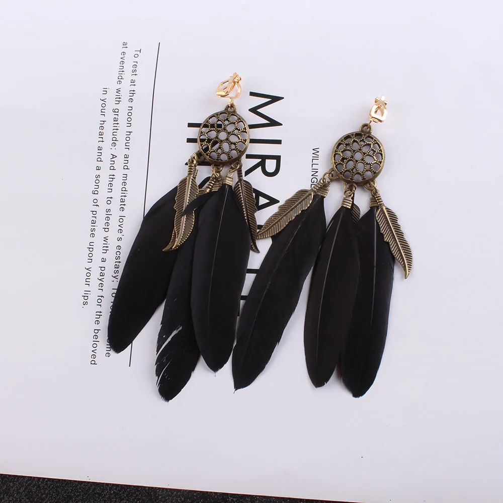 Ear Clip Earrings JIOFREE Vintage Bohemia blue feather Clip on Earrings Without Piercing for Girls Party Needn't Ear Hole clip earrings,ear clip