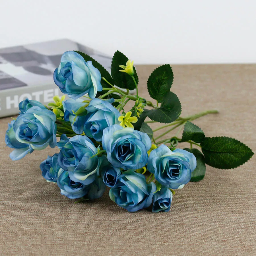 15 головок розы Искусственные цветы невесты шелк маленькая голова искусственный букет дешевые для дома Свадебные украшения мемори день искусственные цветы - Цвет: blue