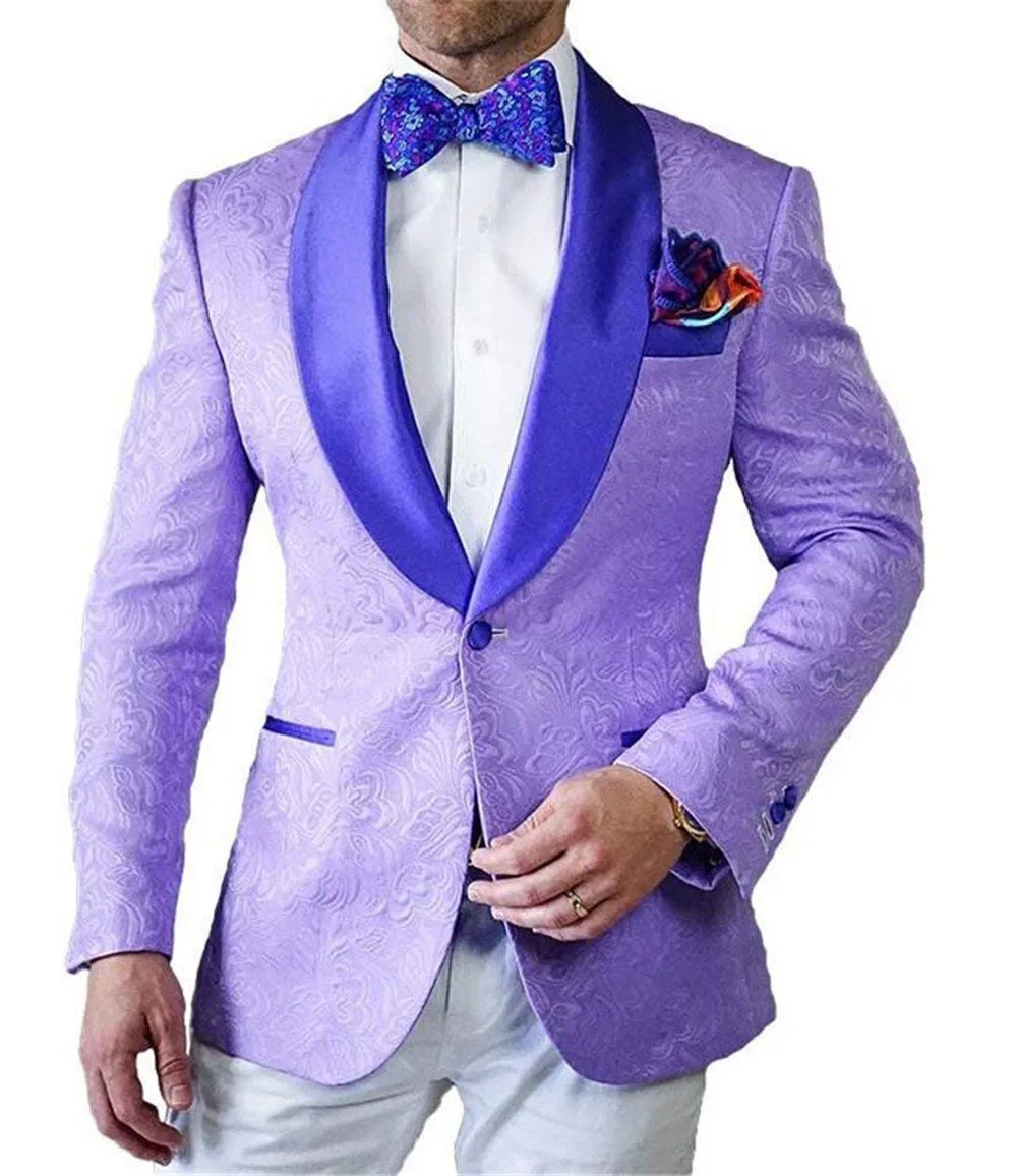 2019 New Mens Patterned Suit 2 pieces Lilac Shawl Lapel Slim Fit Casual