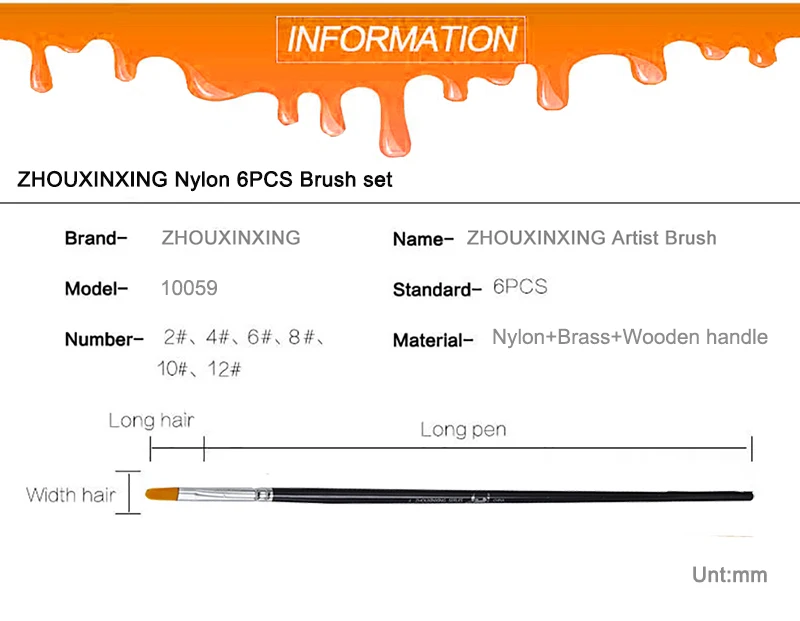 Zhouxinxing 12 шт./компл. Кисть высокого качества ногтей Шап Orange нейлон акриловые кисти черный длинные березы стержень картина маслом кисти